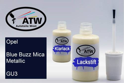 Opel, Blue Buzz Mica Metallic, GU3: 20ml Lackstift + 20ml Klarlack - Set, von ATW Autoteile West.